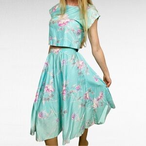 VINTAGE | Sun Fashions Honolulu Hawaii Floral Two-Piece Set in Aqua & Pink